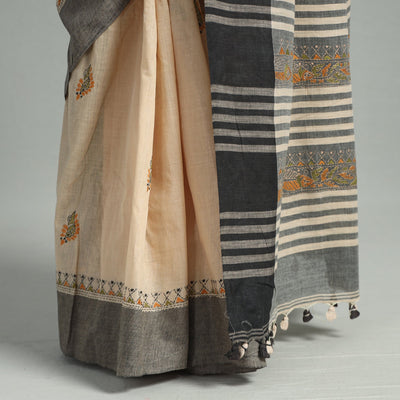 Beige - Bengal Kantha Hand Embroidery Pure Handloom Tussar Silk Saree 30
