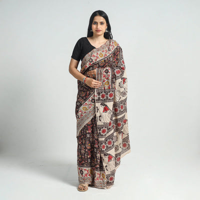 Black - Printed Cotton Kalamkari Saree with Blouse Piece 12