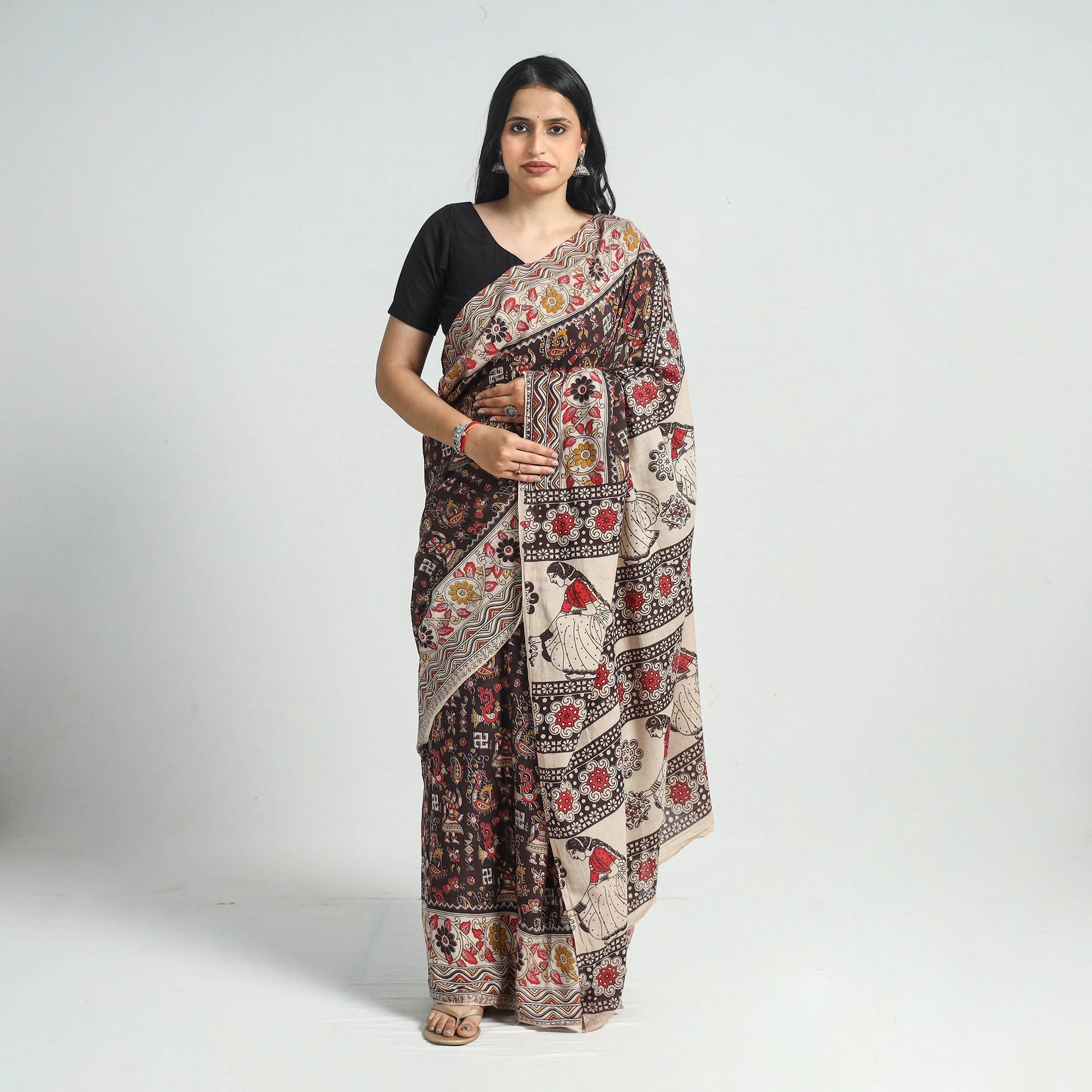 Black - Printed Cotton Kalamkari Saree with Blouse Piece 12