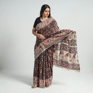 Black - Printed Cotton Kalamkari Saree with Blouse Piece 12