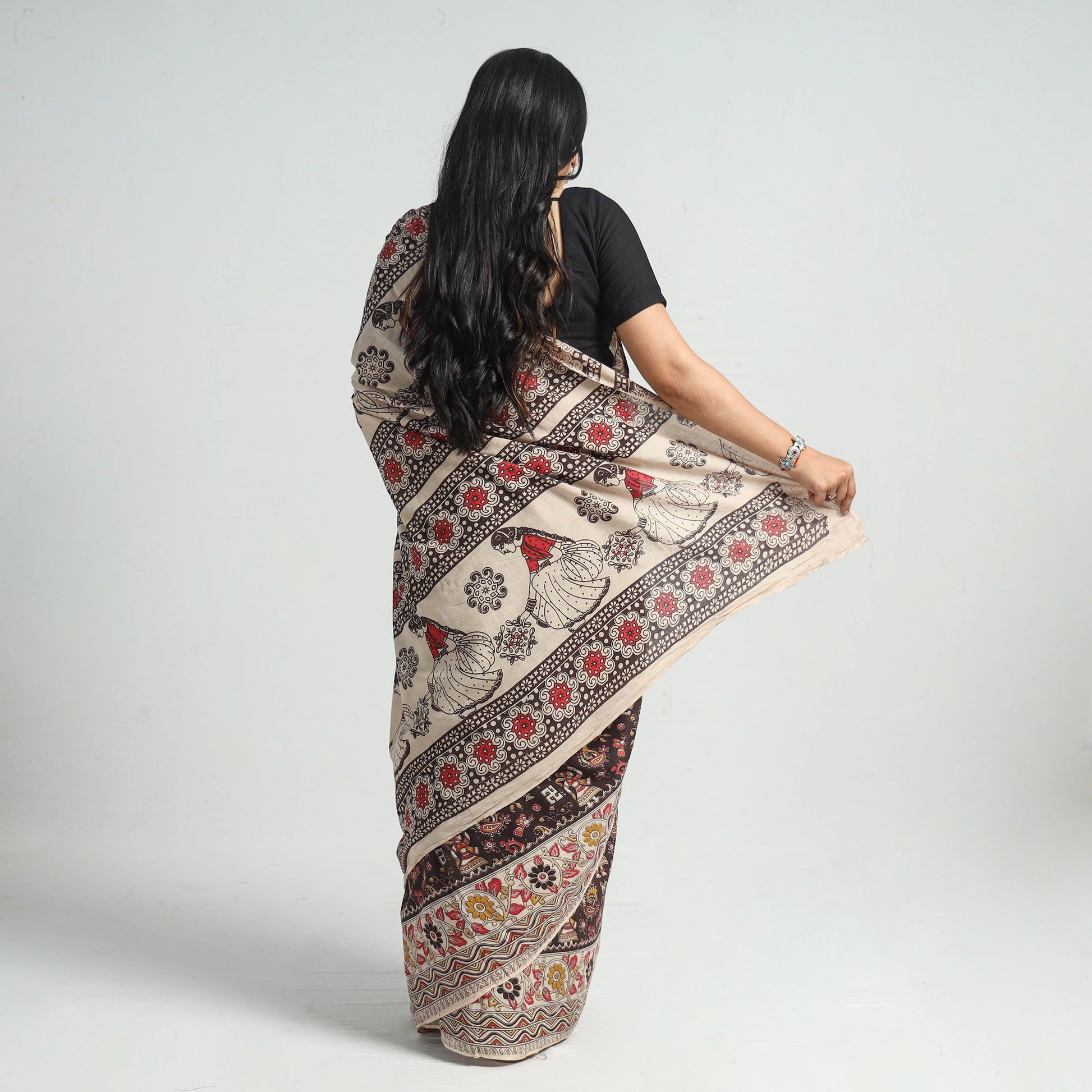 Black - Printed Cotton Kalamkari Saree with Blouse Piece 12