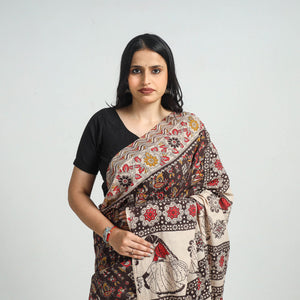 Black - Printed Cotton Kalamkari Saree with Blouse Piece 12