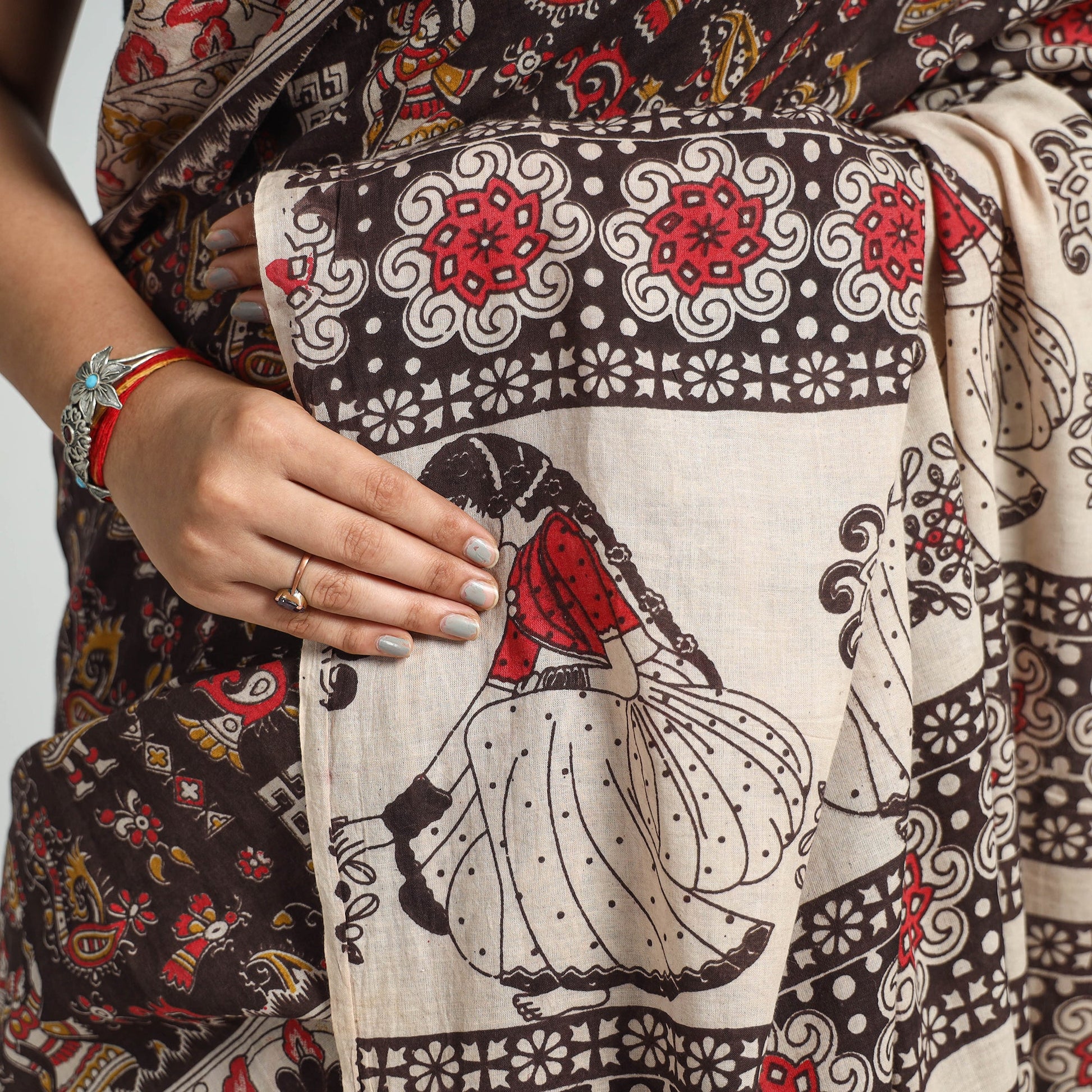 Black - Printed Cotton Kalamkari Saree with Blouse Piece 12