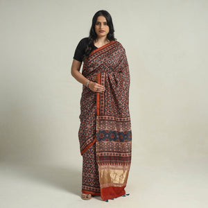 Brown - Chanderi Silk Block Printed Ajrakh Saree 01