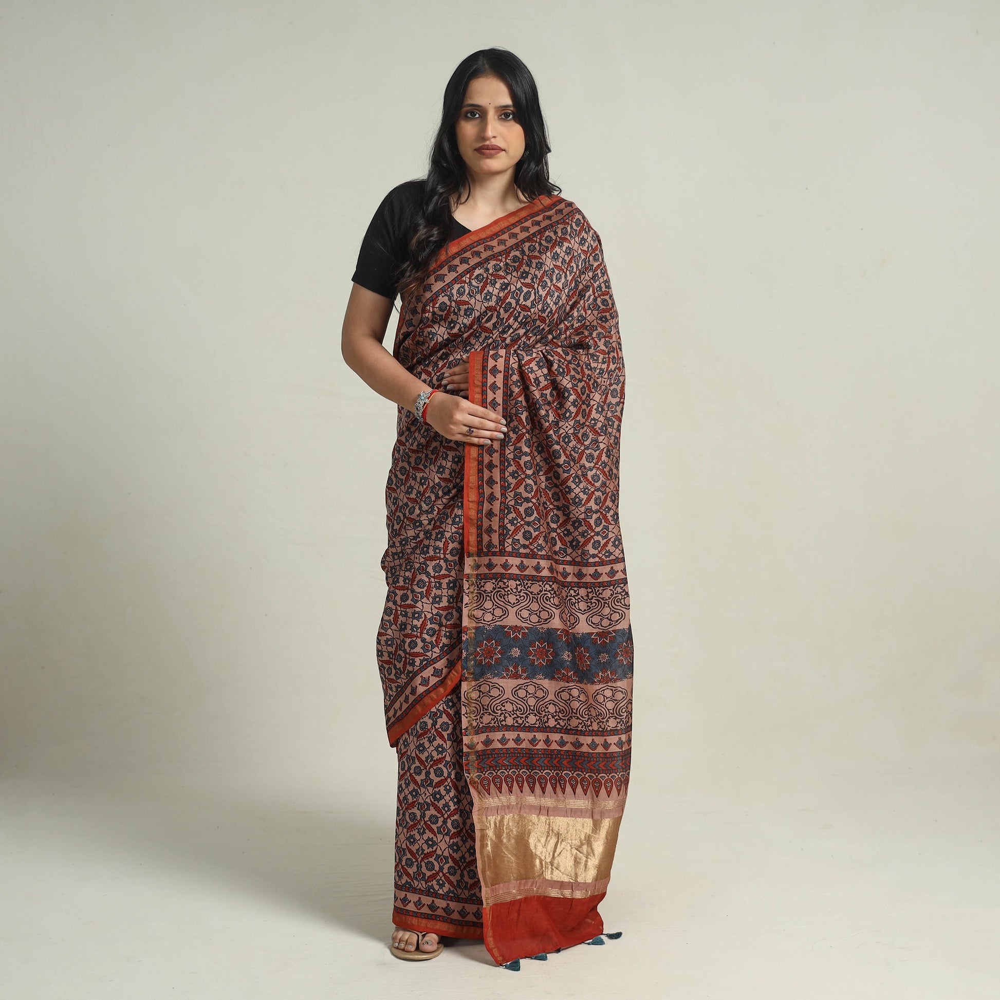 Brown - Chanderi Silk Block Printed Ajrakh Saree 01