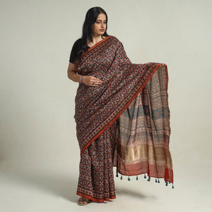 Brown - Chanderi Silk Block Printed Ajrakh Saree 01