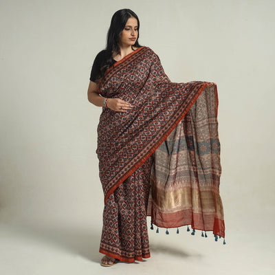 Brown - Chanderi Silk Block Printed Ajrakh Saree 01