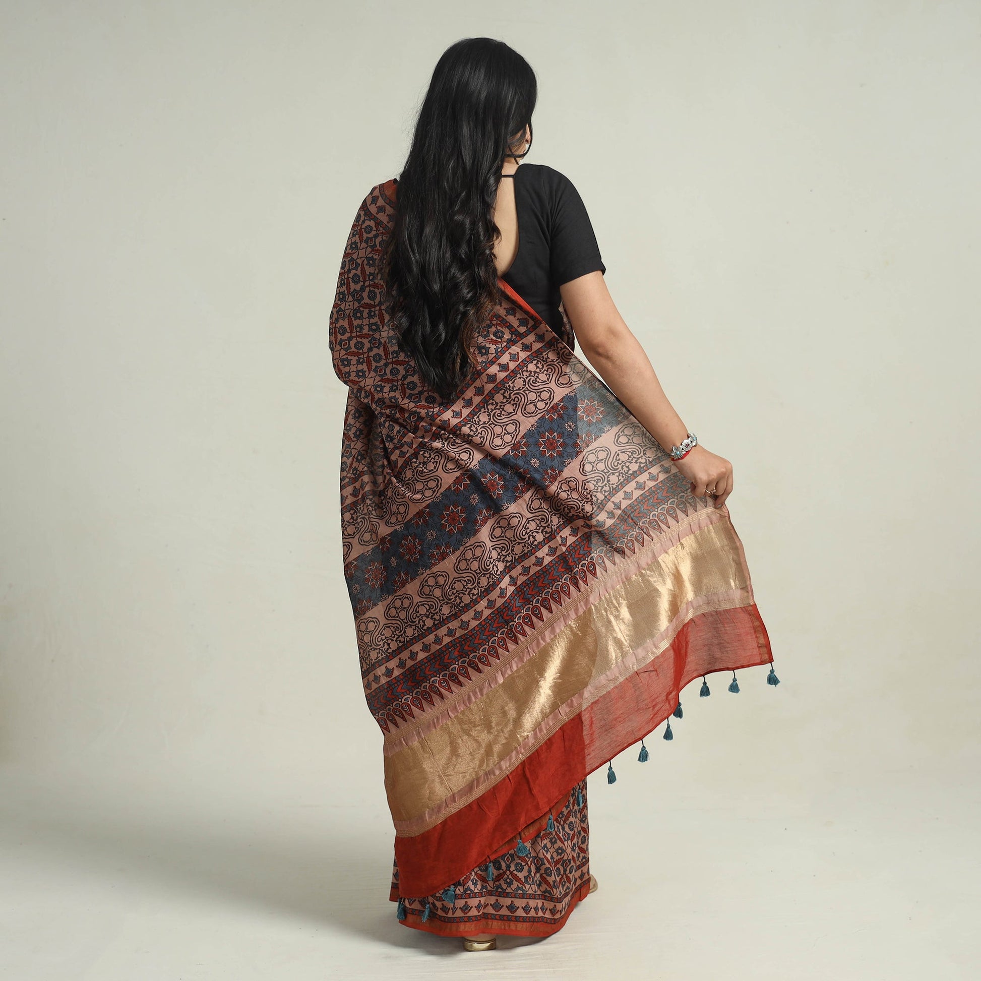 Brown - Chanderi Silk Block Printed Ajrakh Saree 01