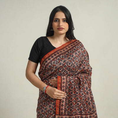 Brown - Chanderi Silk Block Printed Ajrakh Saree 01