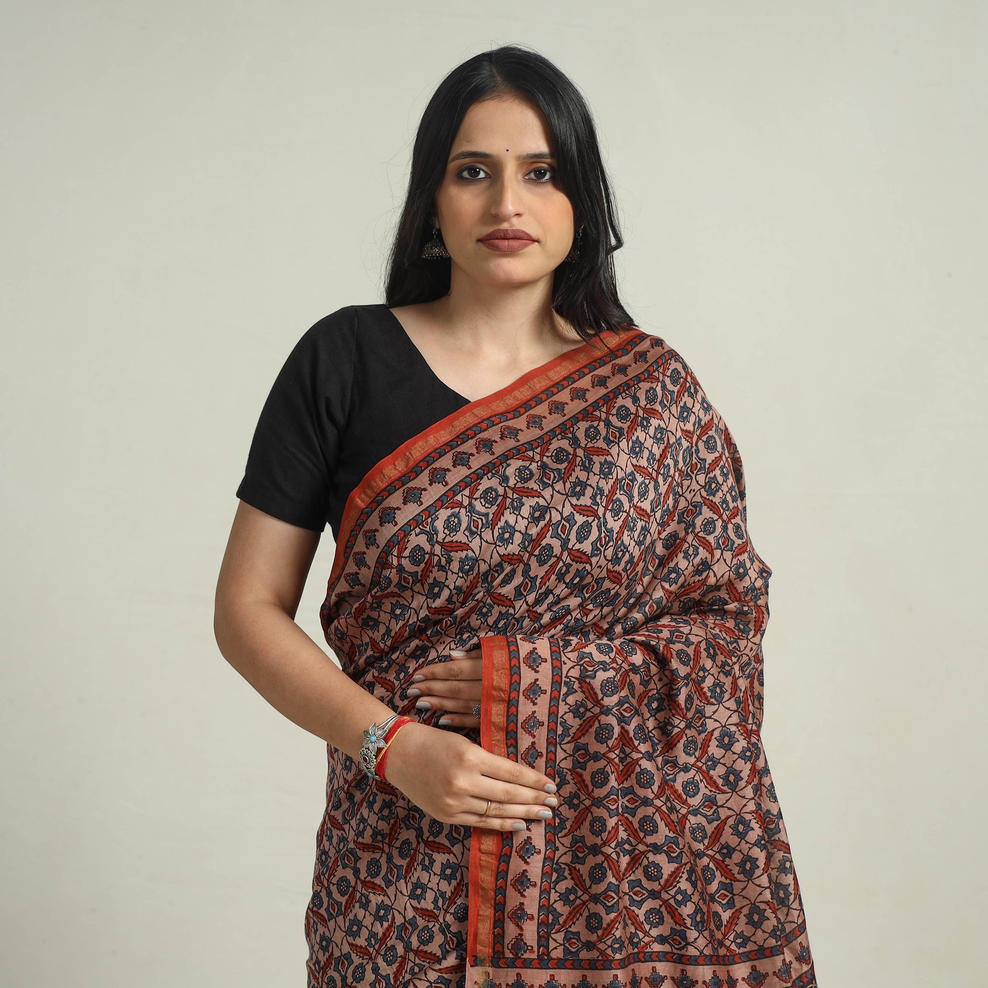 Brown - Chanderi Silk Block Printed Ajrakh Saree 01