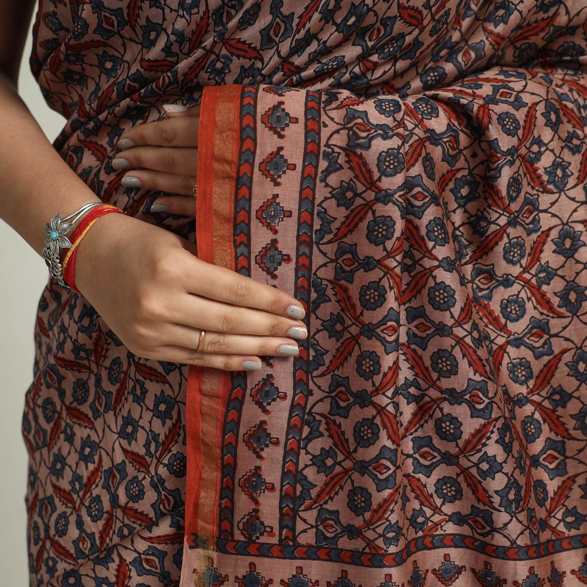 Brown - Chanderi Silk Block Printed Ajrakh Saree 01