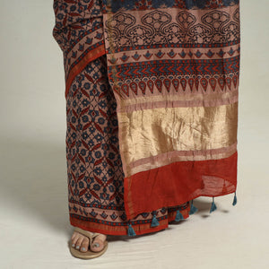 Brown - Chanderi Silk Block Printed Ajrakh Saree 01