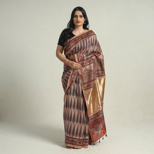 Brown - Chanderi Silk Block Printed Ajrakh Saree 03