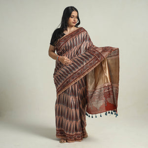 Brown - Chanderi Silk Block Printed Ajrakh Saree 03