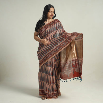 Brown - Chanderi Silk Block Printed Ajrakh Saree 03