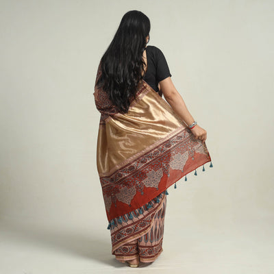 Brown - Chanderi Silk Block Printed Ajrakh Saree 03