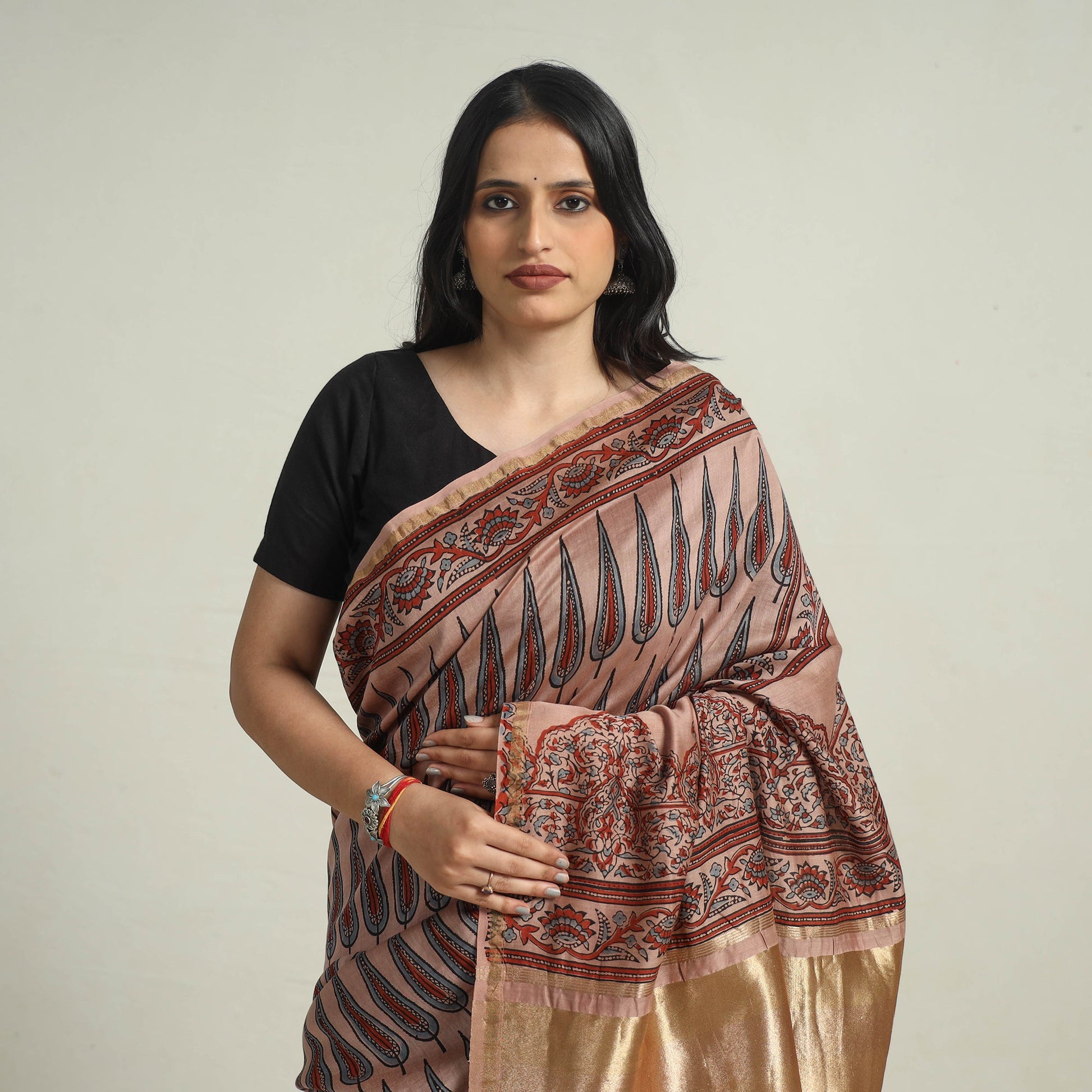 Brown - Chanderi Silk Block Printed Ajrakh Saree 03