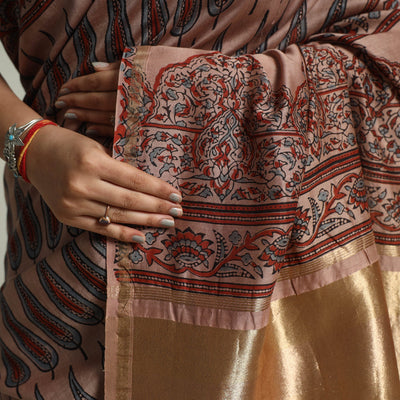 Brown - Chanderi Silk Block Printed Ajrakh Saree 03