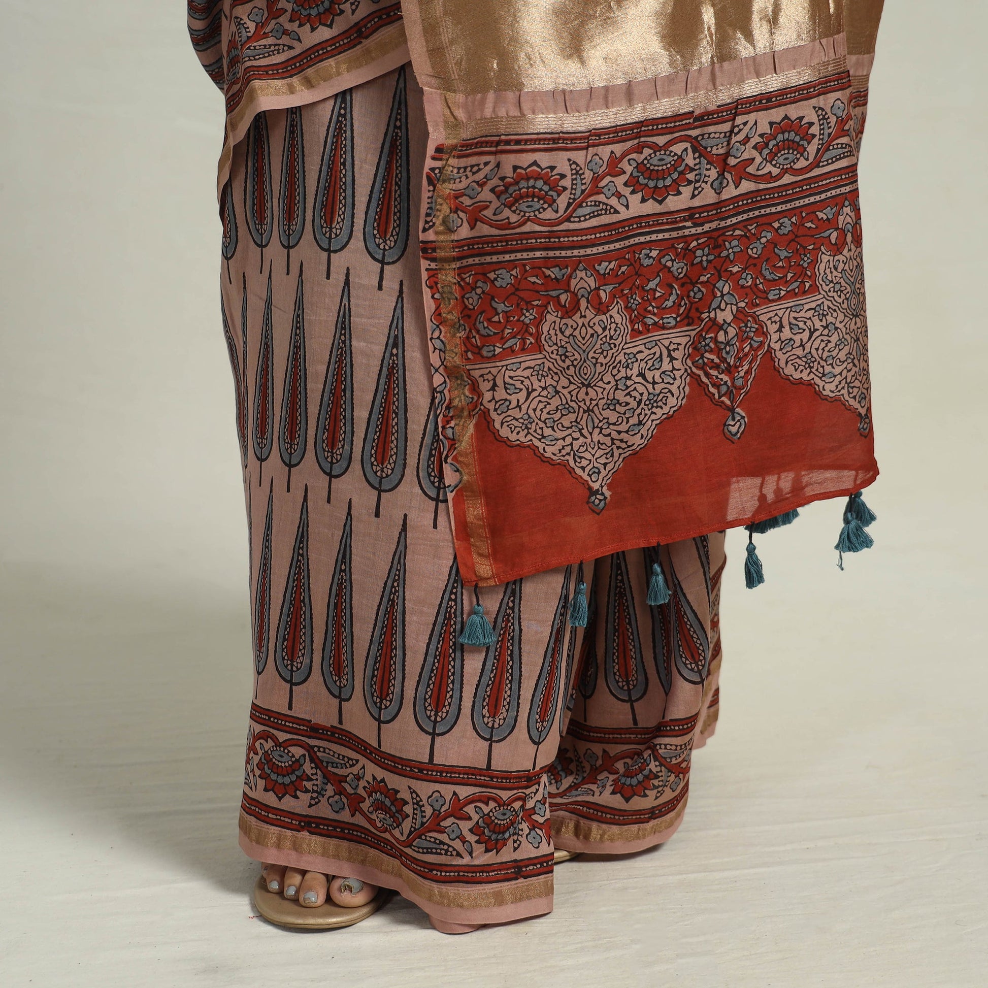 Brown - Chanderi Silk Block Printed Ajrakh Saree 03