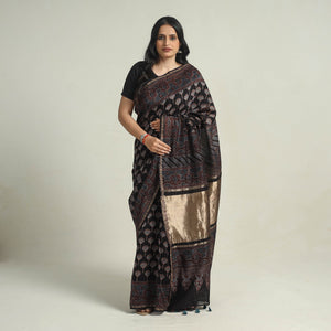 Black - Chanderi Silk Block Printed Ajrakh Saree 05