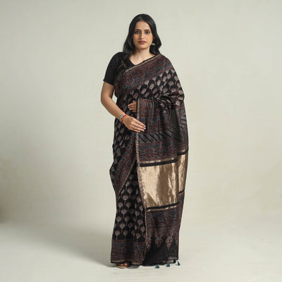 Black - Chanderi Silk Block Printed Ajrakh Saree 05