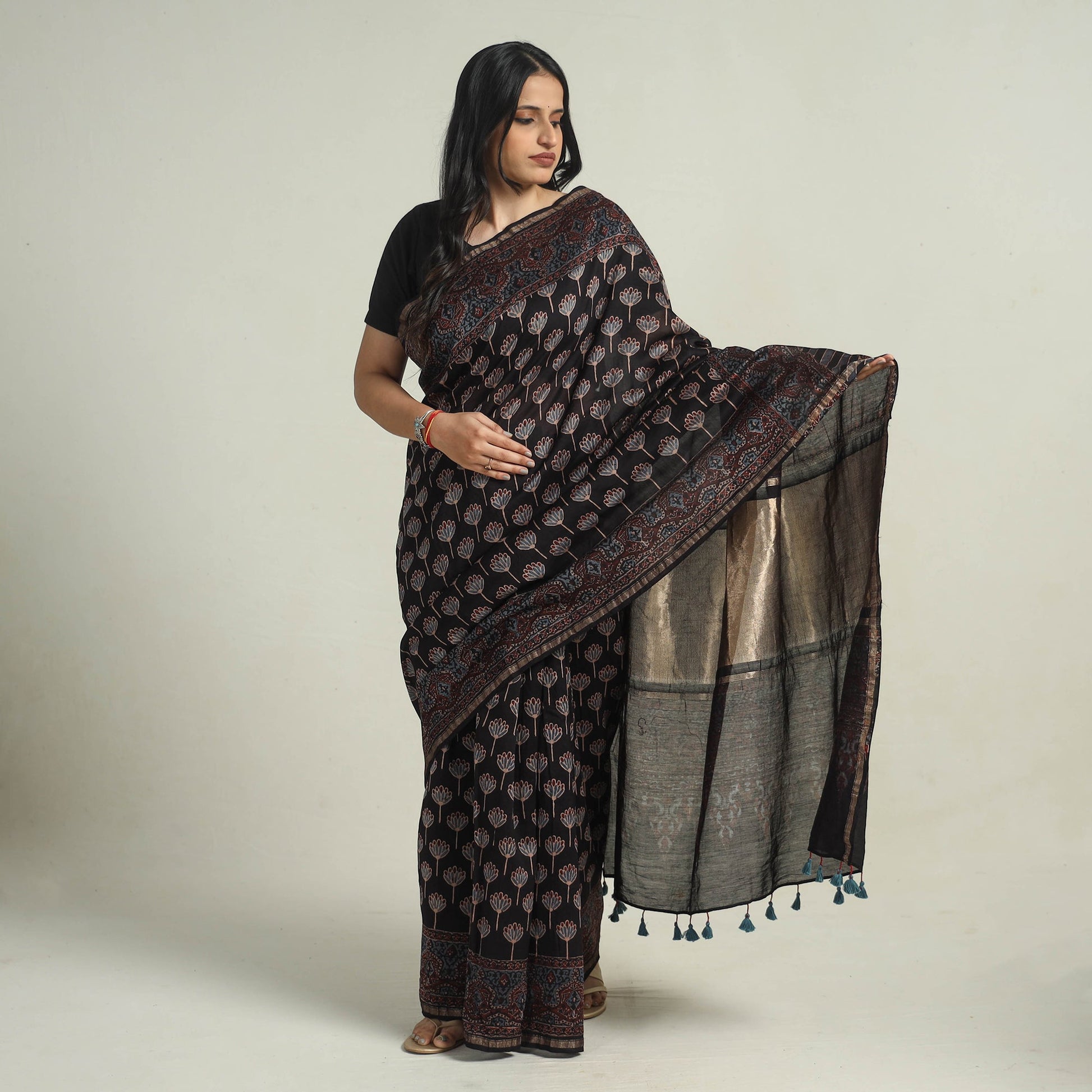 Black - Chanderi Silk Block Printed Ajrakh Saree 05