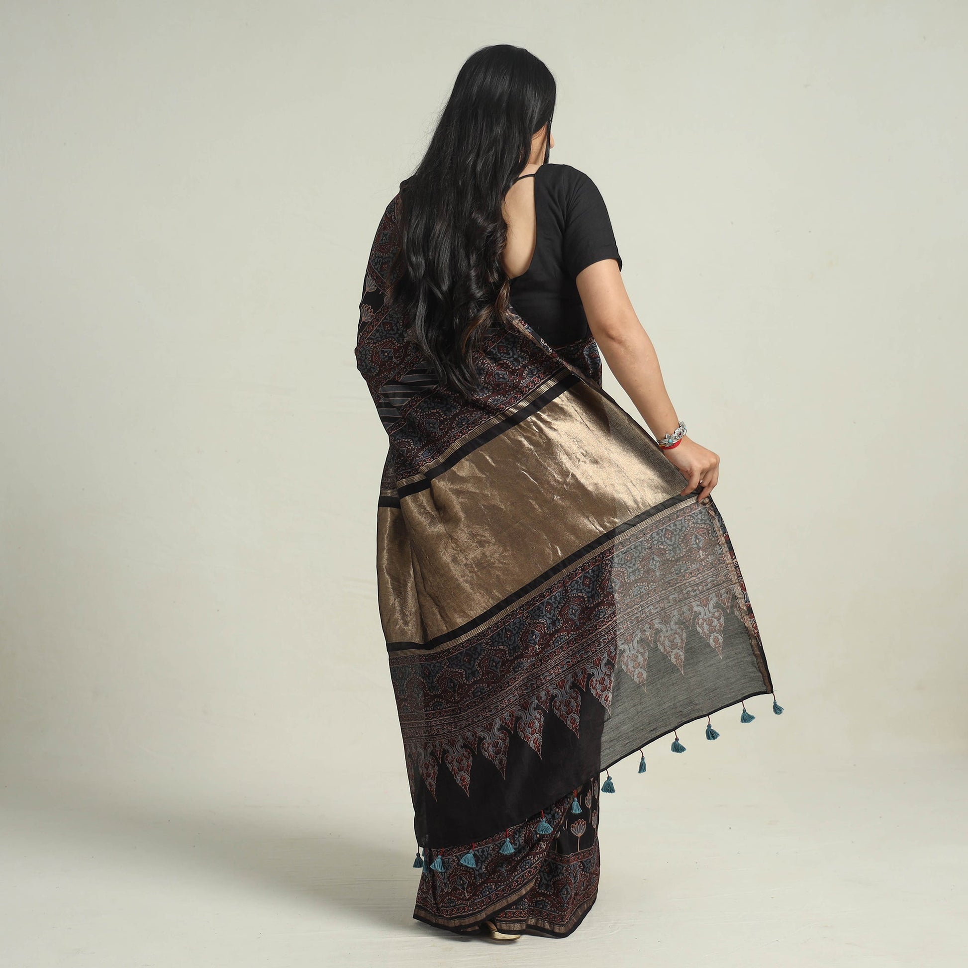 Black - Chanderi Silk Block Printed Ajrakh Saree 05