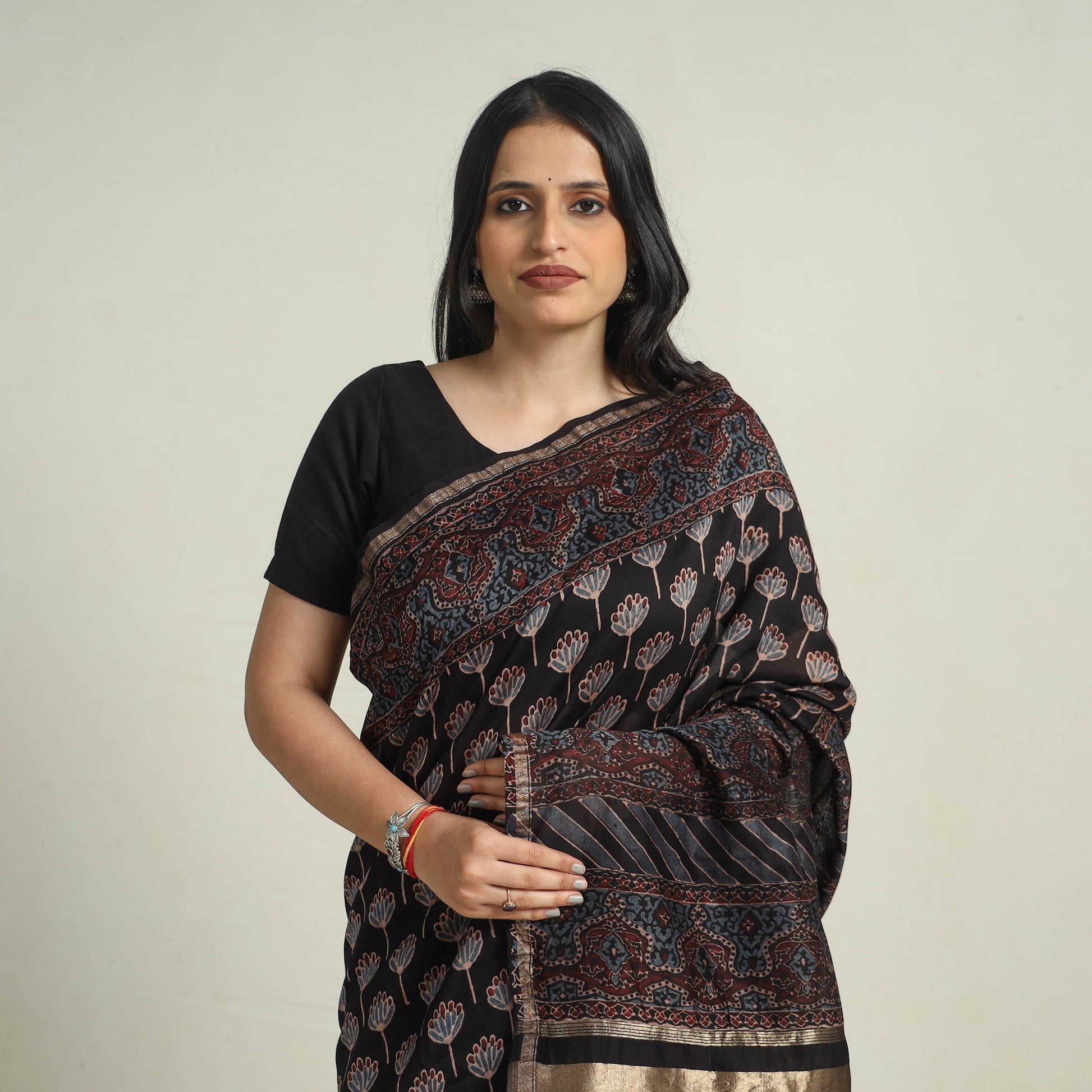 Black - Chanderi Silk Block Printed Ajrakh Saree 05
