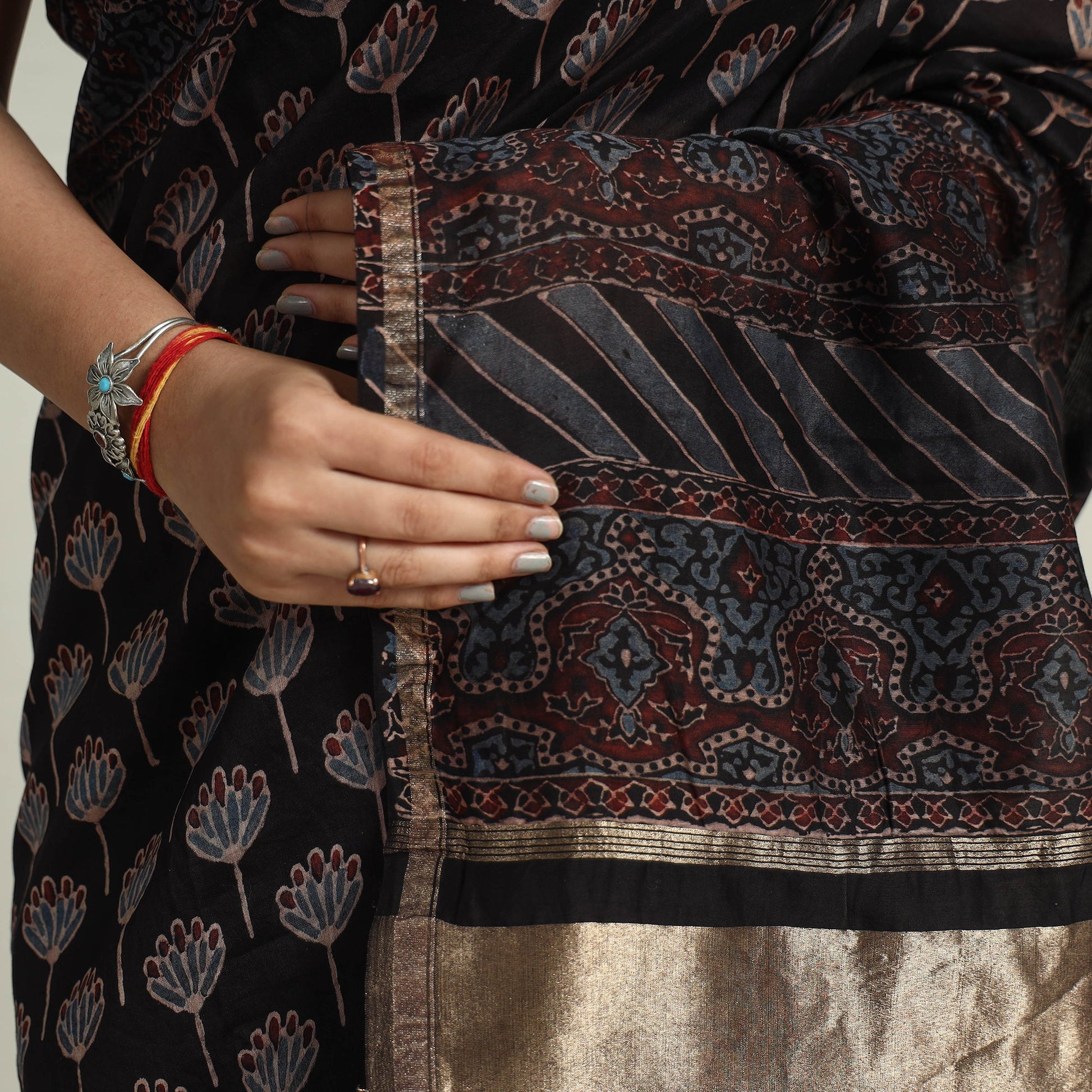 Black - Chanderi Silk Block Printed Ajrakh Saree 05