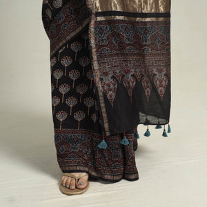 Black - Chanderi Silk Block Printed Ajrakh Saree 05