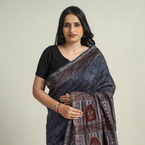 Blue - Chanderi Silk Block Printed Ajrakh Saree 08