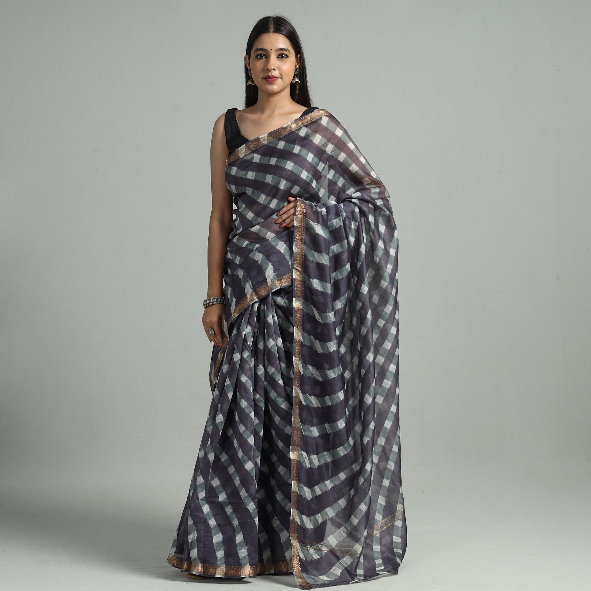 Black - Leheriya Tie-Dye Mothra Chanderi Silk Saree with Zari Border 45