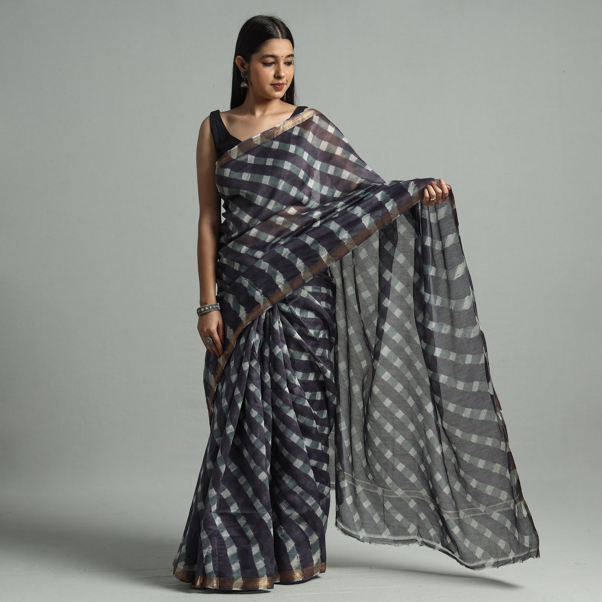 Black - Leheriya Tie-Dye Mothra Chanderi Silk Saree with Zari Border 45