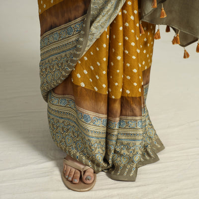 Brown - Bandhani Block Printed Ajrakh Modal Silk Saree 01
