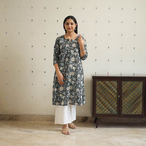 Black - Block Print Cotton A-Line Sanganeri Kurta 35