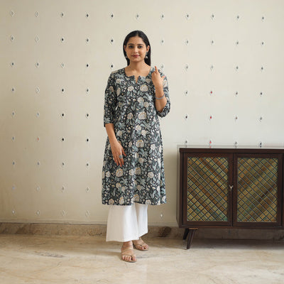 Black - Block Print Cotton A-Line Sanganeri Kurta 35