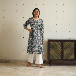 Black - Block Print Cotton A-Line Sanganeri Kurta 35