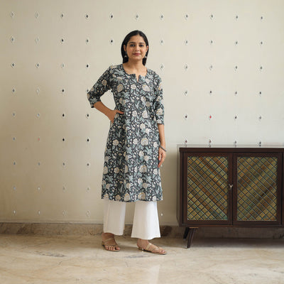 Black - Block Print Cotton A-Line Sanganeri Kurta 35