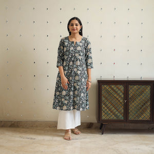 Black - Block Print Cotton A-Line Sanganeri Kurta 35