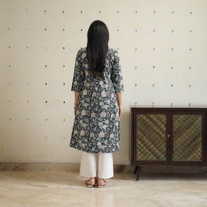 Black - Block Print Cotton A-Line Sanganeri Kurta 35