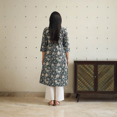 Black - Block Print Cotton A-Line Sanganeri Kurta 35