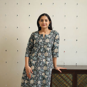 Black - Block Print Cotton A-Line Sanganeri Kurta 35