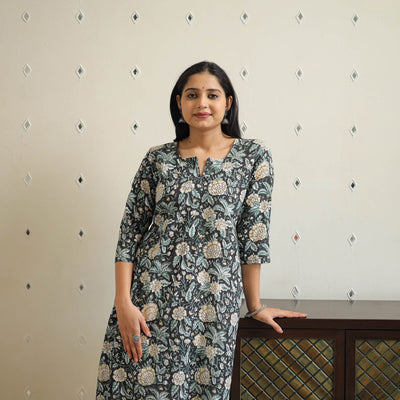 Black - Block Print Cotton A-Line Sanganeri Kurta 35