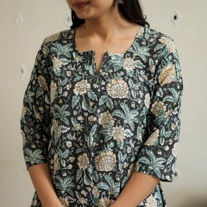 Black - Block Print Cotton A-Line Sanganeri Kurta 35
