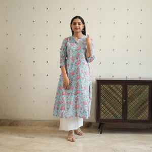 Blue - Block Print Cotton A-Line Sanganeri Kurta 26