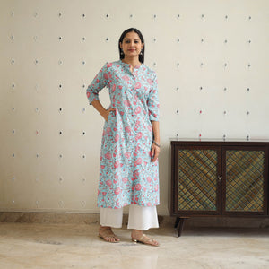 Blue - Block Print Cotton A-Line Sanganeri Kurta 26