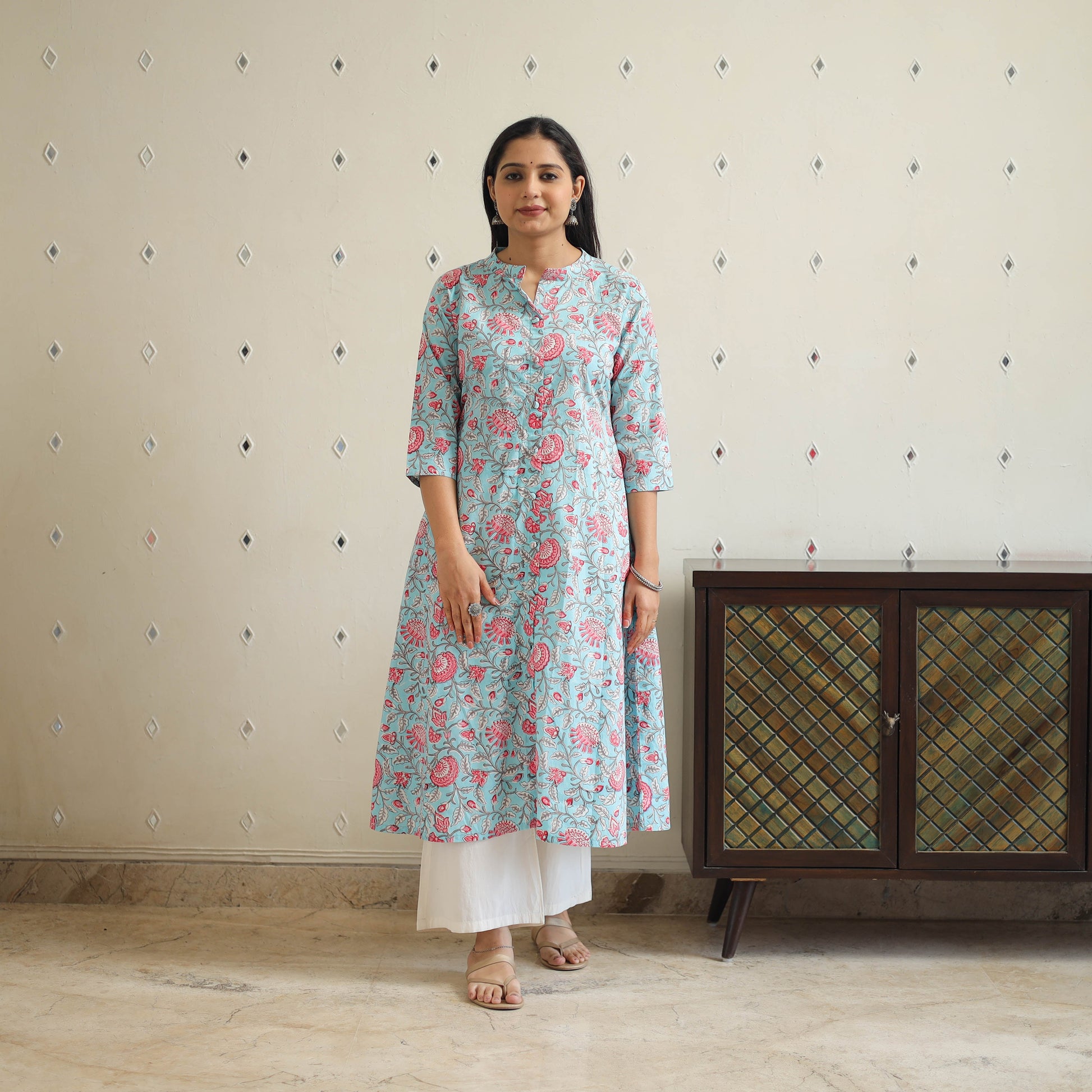 Blue - Block Print Cotton A-Line Sanganeri Kurta 26