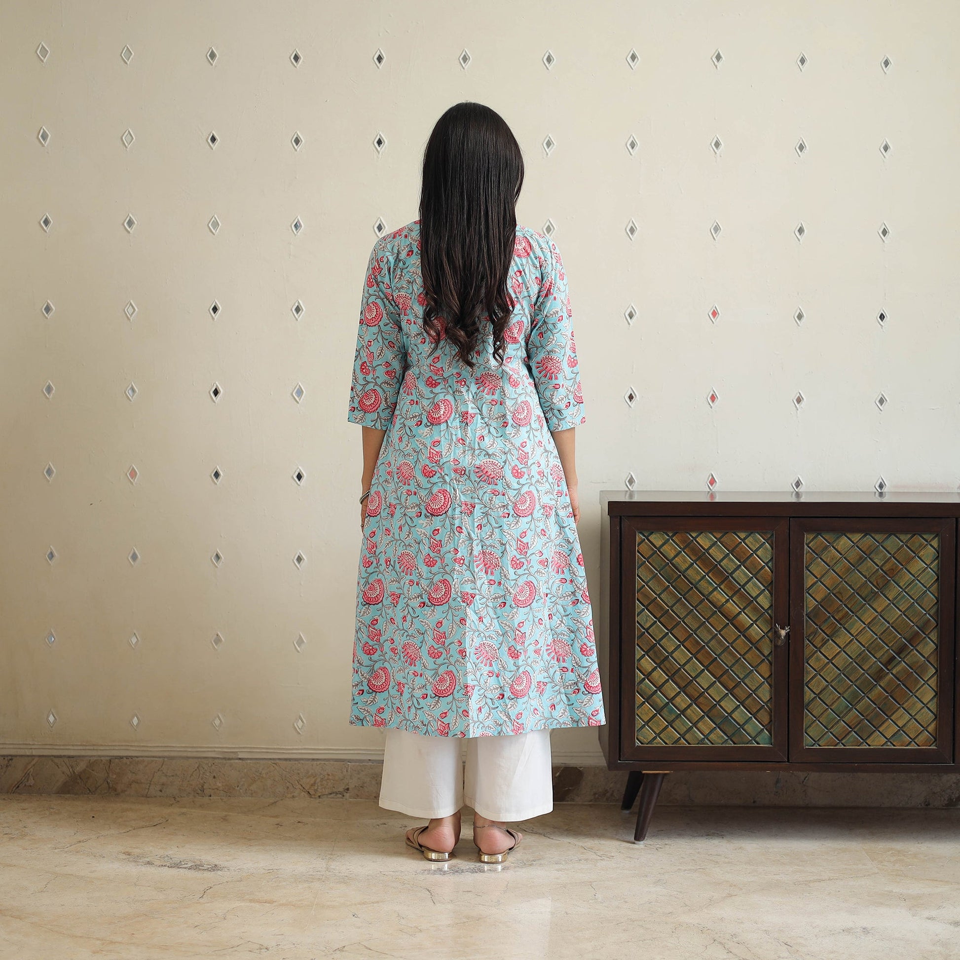 Blue - Block Print Cotton A-Line Sanganeri Kurta 26
