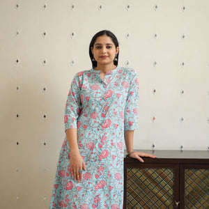 Blue - Block Print Cotton A-Line Sanganeri Kurta 26