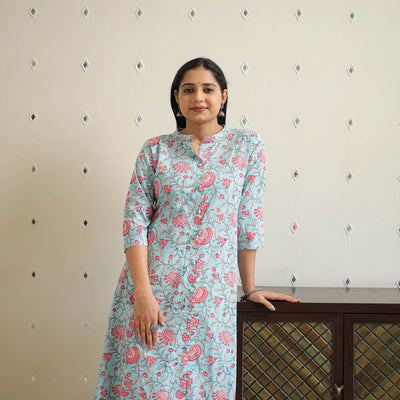 Blue - Block Print Cotton A-Line Sanganeri Kurta 26